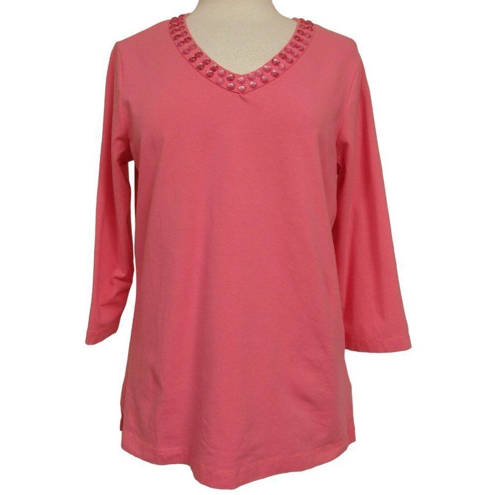 Quacker Factory Bright Pink Beaded V-Neck Pullover Cotton Stretch Top Sz M